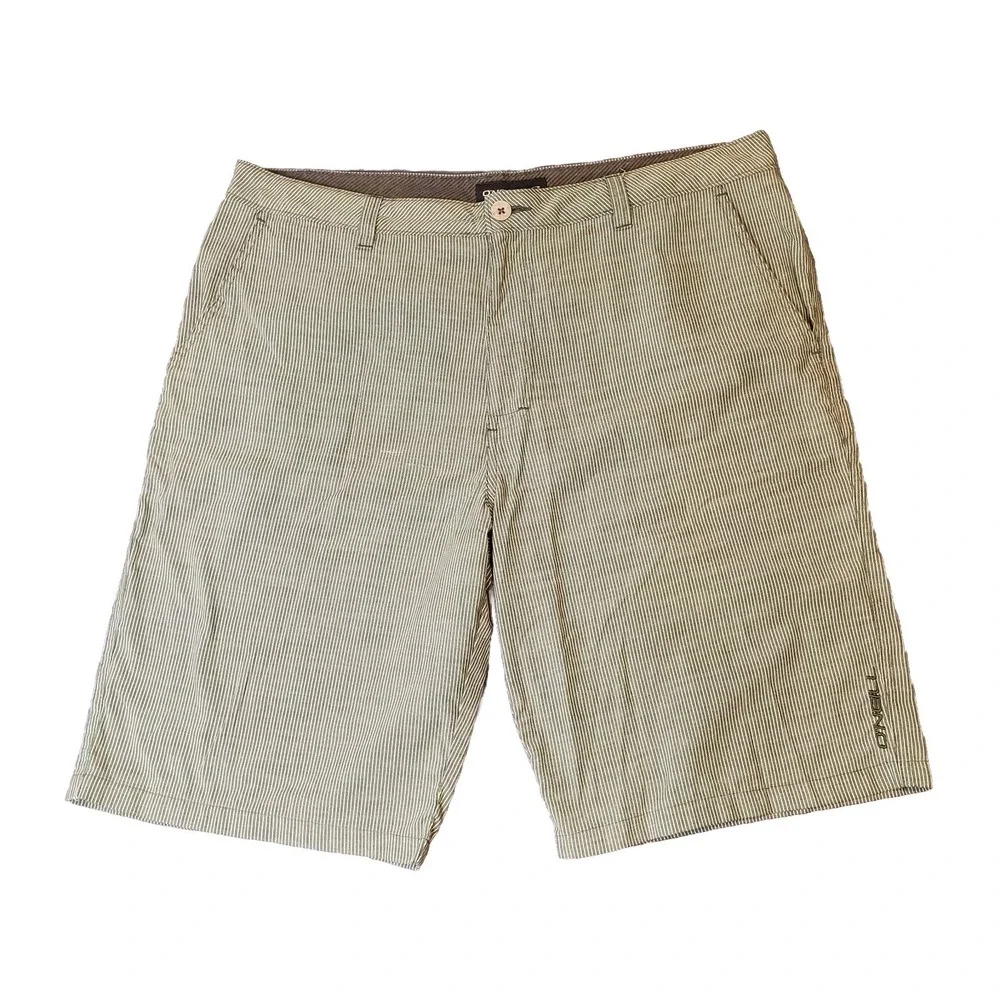 O'Neill Mens 38 Green Striped Flat Front Chino‎ Style Shorts Golf Beach Preppy